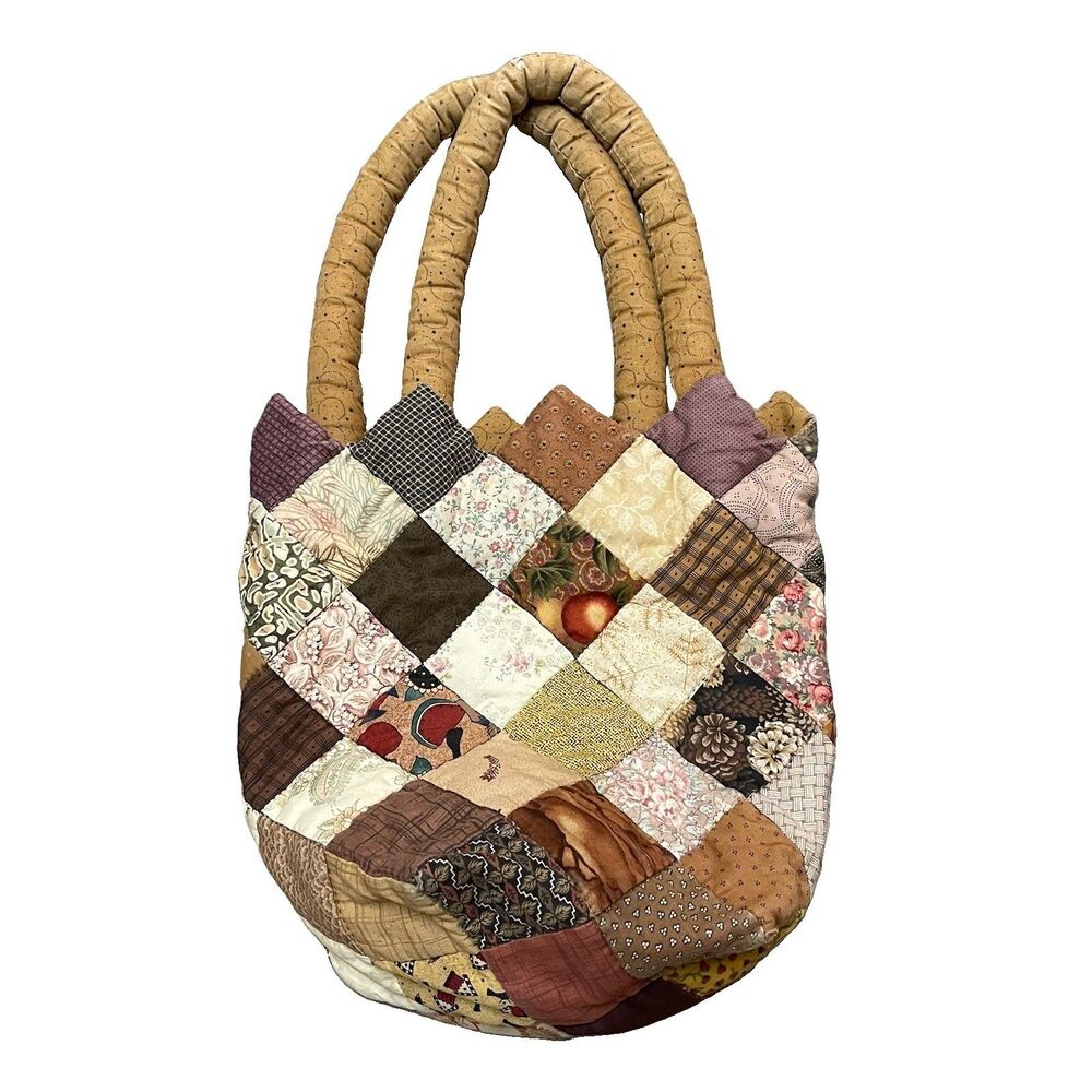 VTG Handmade Quilted Patchwork Mondo Tote Bag Cottagecore Scrappy Boho Purse